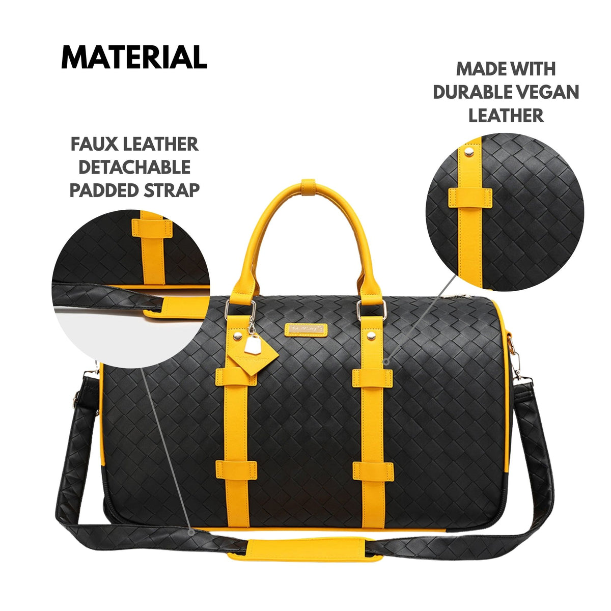 Tote&Carry Bodega Traveler Rolling Duffle in Black & Yellow — faux leather detachable padded strap and durable vegan leather material detail