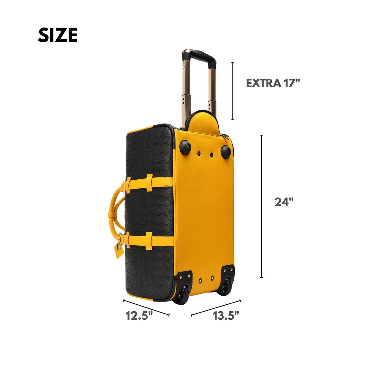 Tote&Carry Bodega Traveler Rolling Duffle in Black & Yellow — size, 24 inches tall, 12.5 x 13.5 inches, with an extra 17 inch pull-out handle