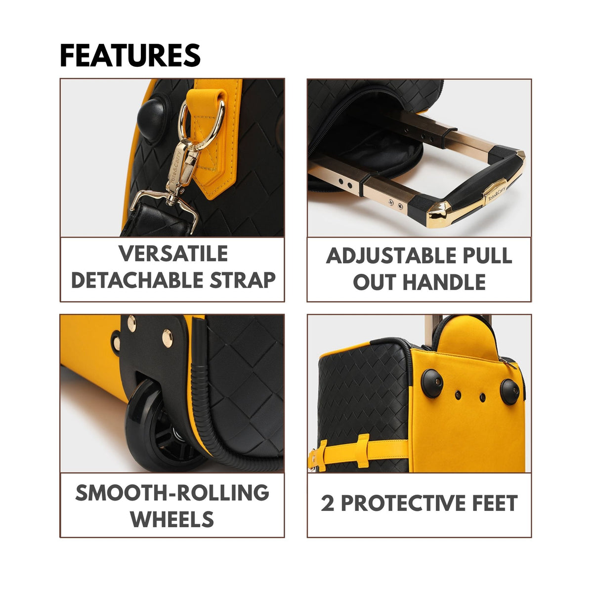 Tote&Carry Bodega Traveler Rolling Duffle in Black & Yellow — features, versatile detachable strap, adjustable pull-out handle, smooth-rolling wheels and 2 protective feet