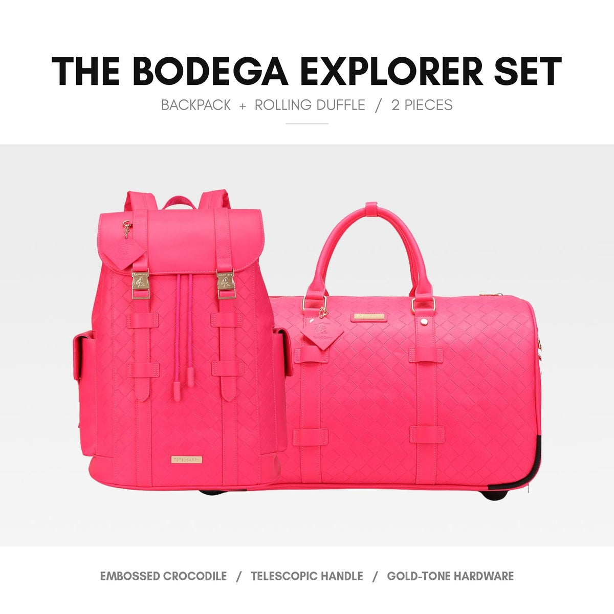 Bodega Explorer Rolling Duffle Set in Neon Pink - the set