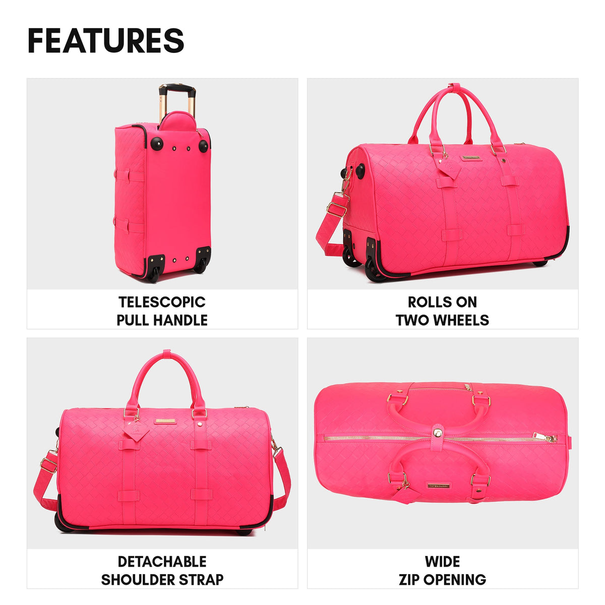 Bodega Explorer Rolling Duffle Set in Neon Pink - features