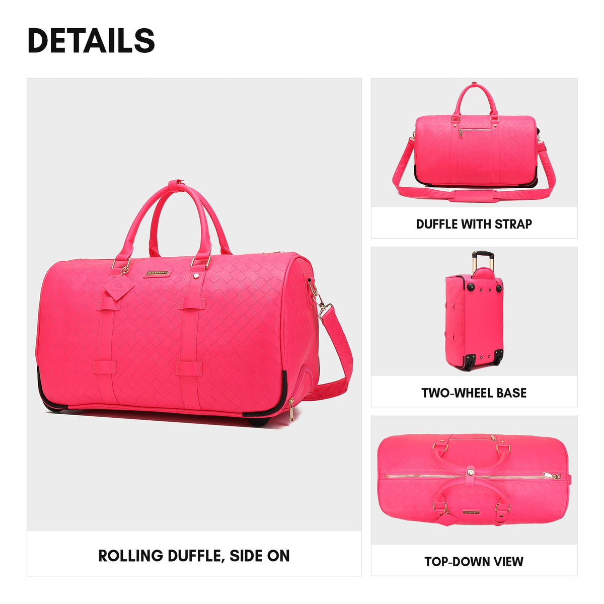 Bodega Explorer Rolling Duffle Set in Neon Pink - details