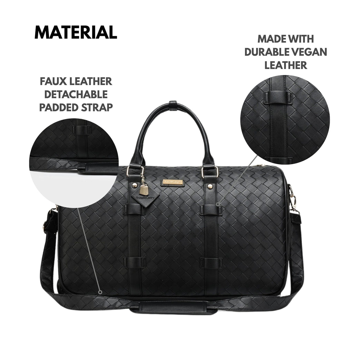 Tote&Carry Bodega Traveler Rolling Duffle in Black — material detail, vegan leather and detachable padded strap