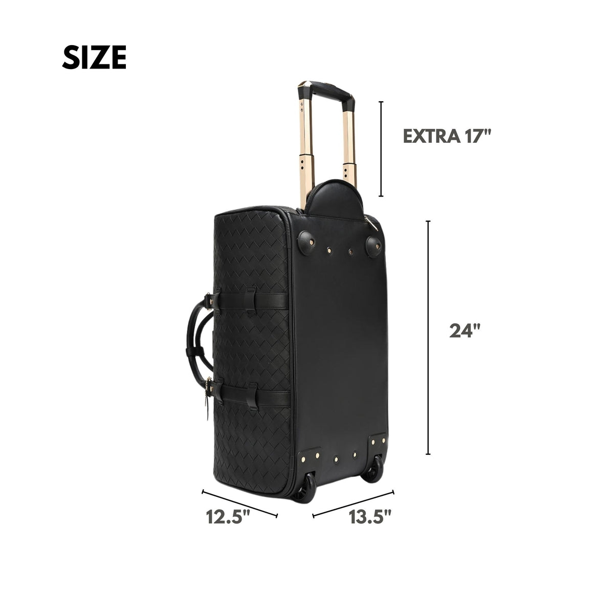 Tote&Carry Bodega Traveler Rolling Duffle in Black — size guide, 24 x 13.5 x 12.5 inches with 17 inch retractable handle