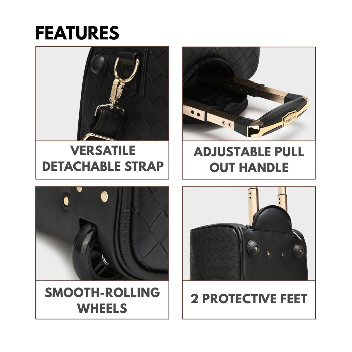 Tote&Carry Bodega Traveler Rolling Duffle in Black — features, detachable strap, pull-out handle, smooth-rolling wheels, protective feet