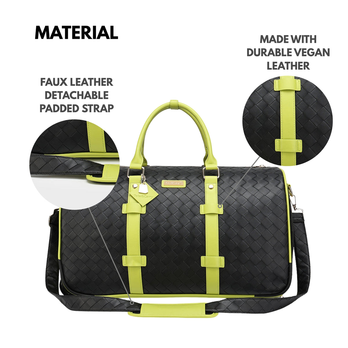 Tote&Carry Bodega Rolling Duffle in Black & Slyme — material detail