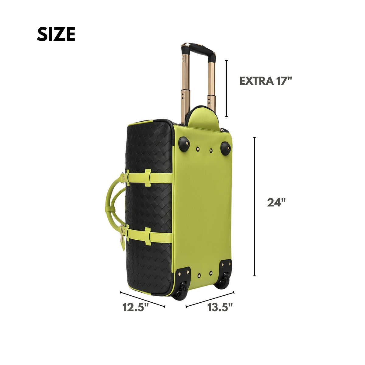 Tote&Carry Bodega Rolling Duffle in Black & Slyme — size guide