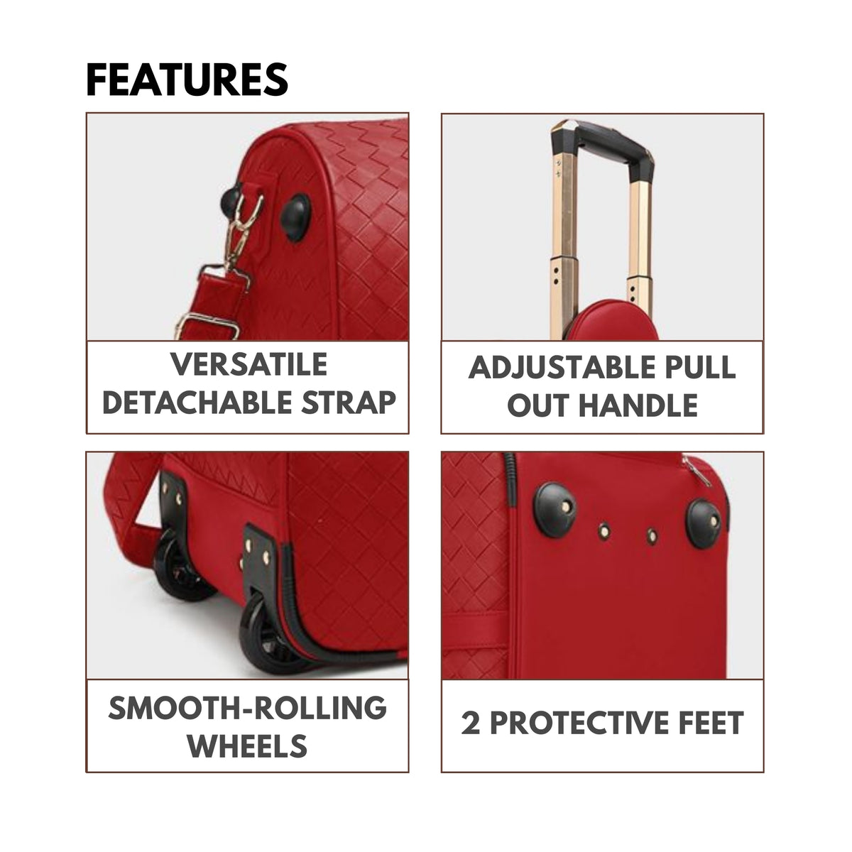 Tote&Carry Bodega Traveler Rolling Duffle Bag in Red — close up details