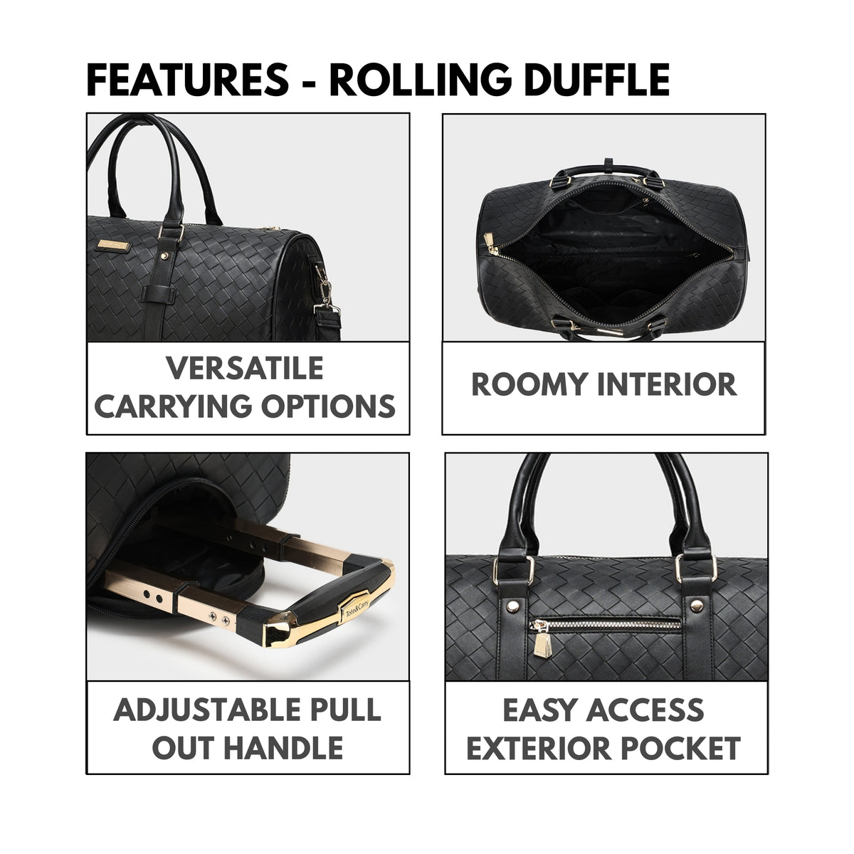 Tote&Carry Bodega Explorer Rolling Duffle Set in Black — close up details