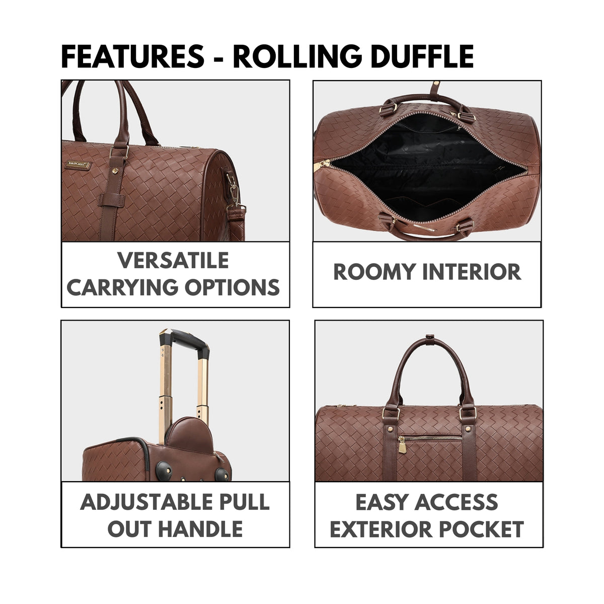 Tote&Carry Bodega Explorer Rolling Duffle Set in Brown — close up details