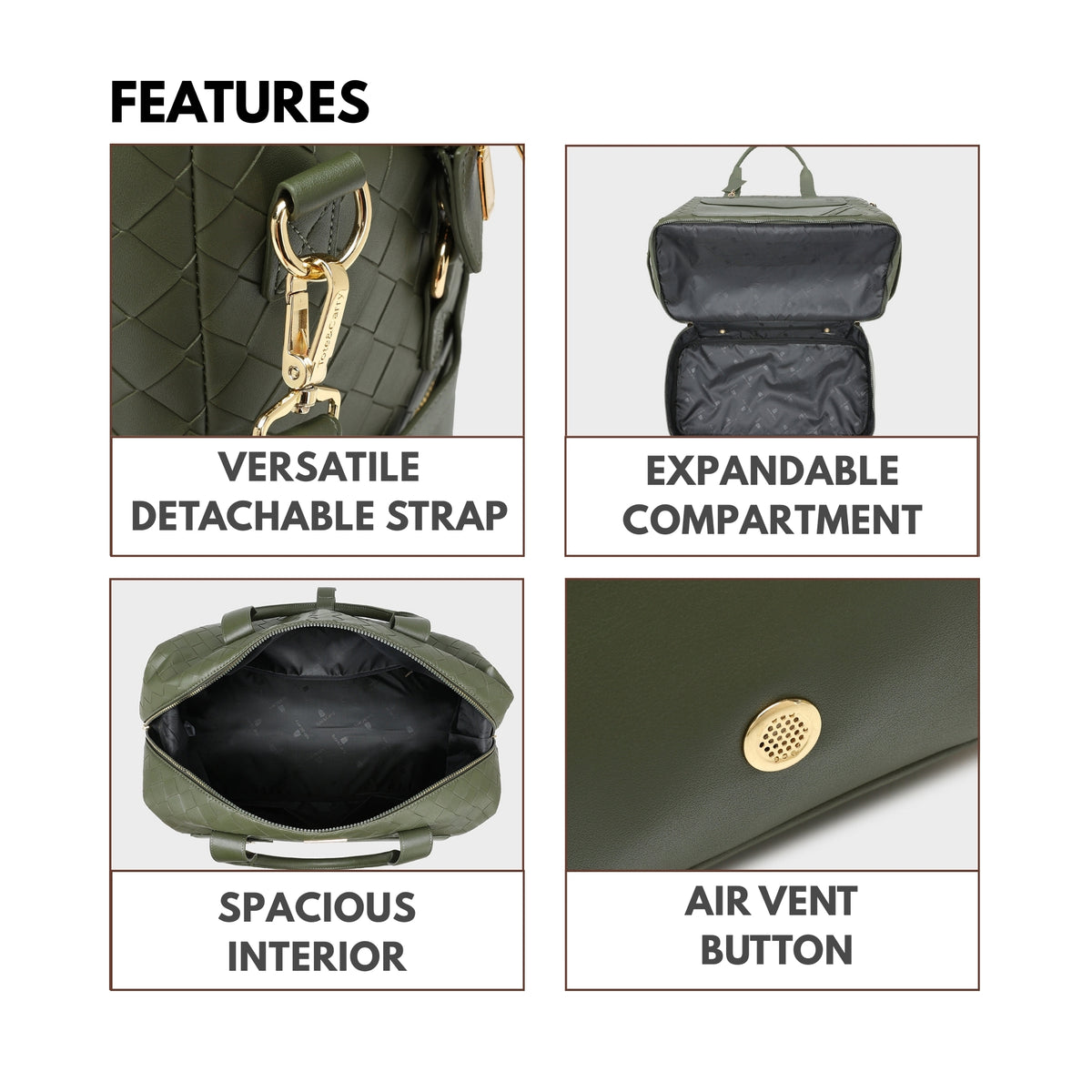 Tote&Carry Bodega Weekender Duffle Bag in Olive Green — close up details