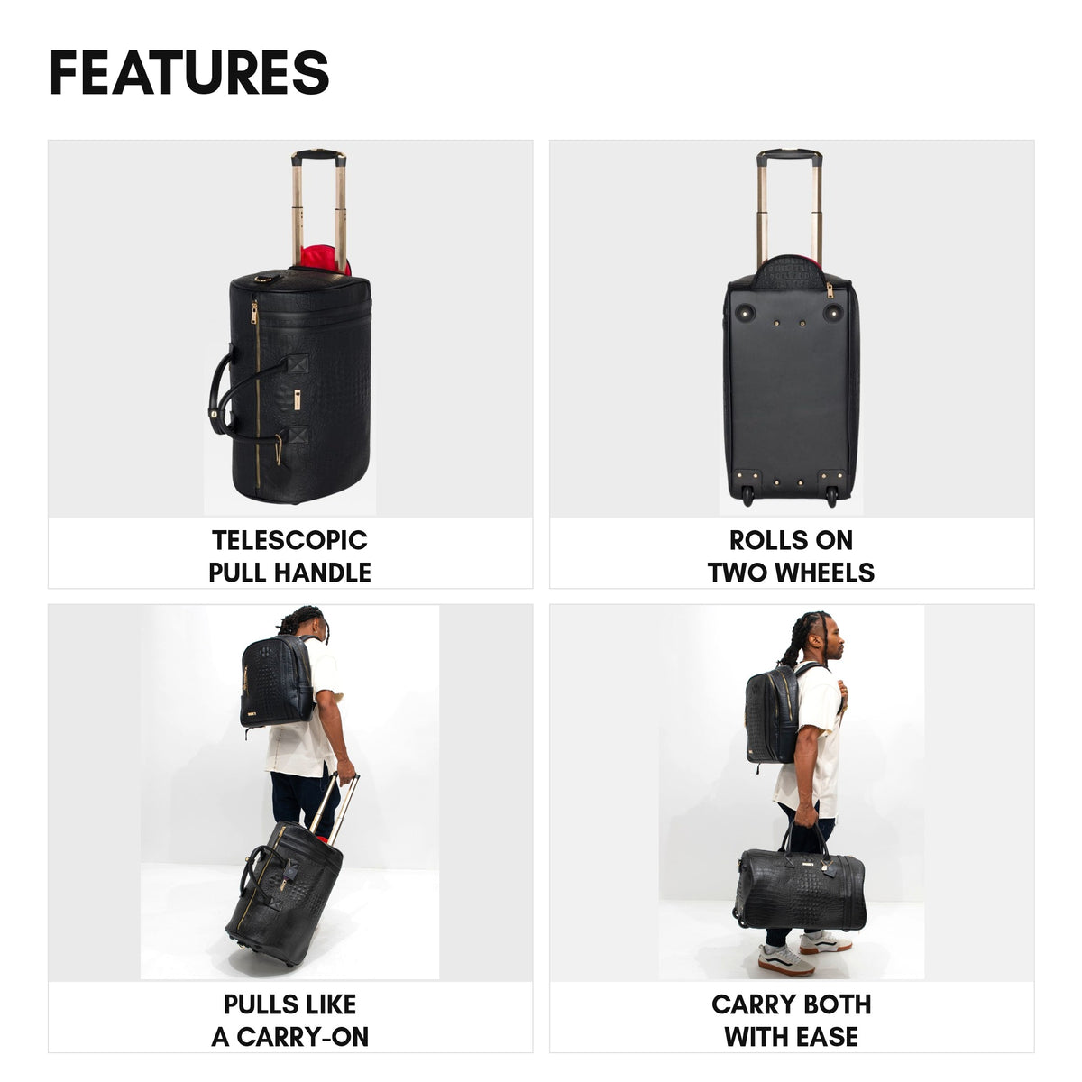 Classic Traveler Rolling Duffle Set in Black - features