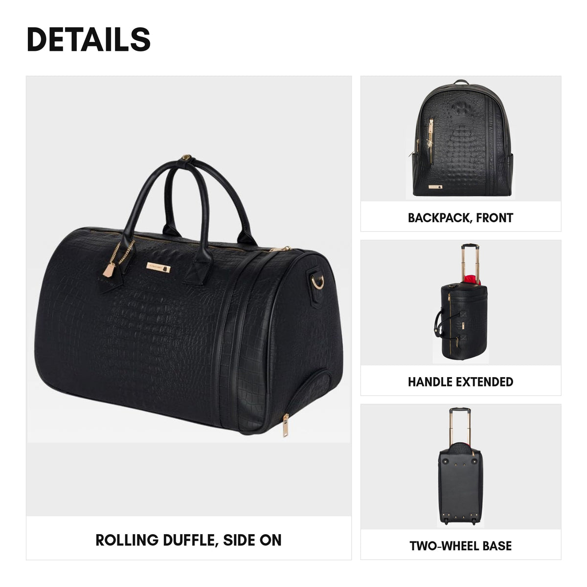 Classic Traveler Rolling Duffle Set in Black - details