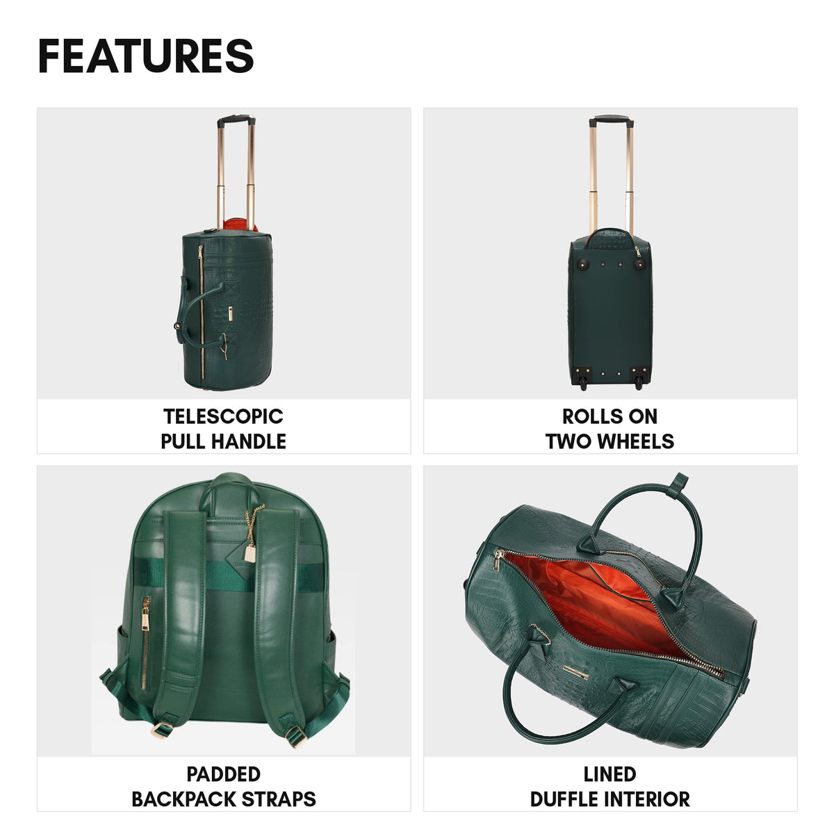 Classic Traveler Rolling Duffle Set in Emerald Green - features
