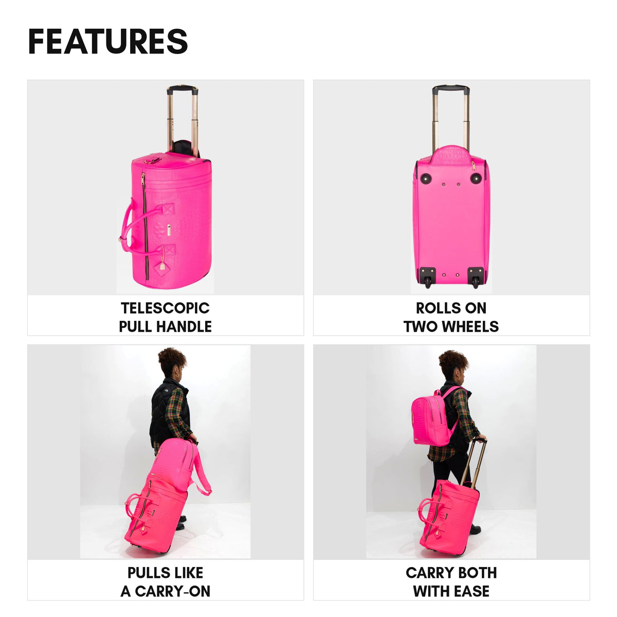 Classic Traveler Rolling Duffle Set in Neon Pink - features