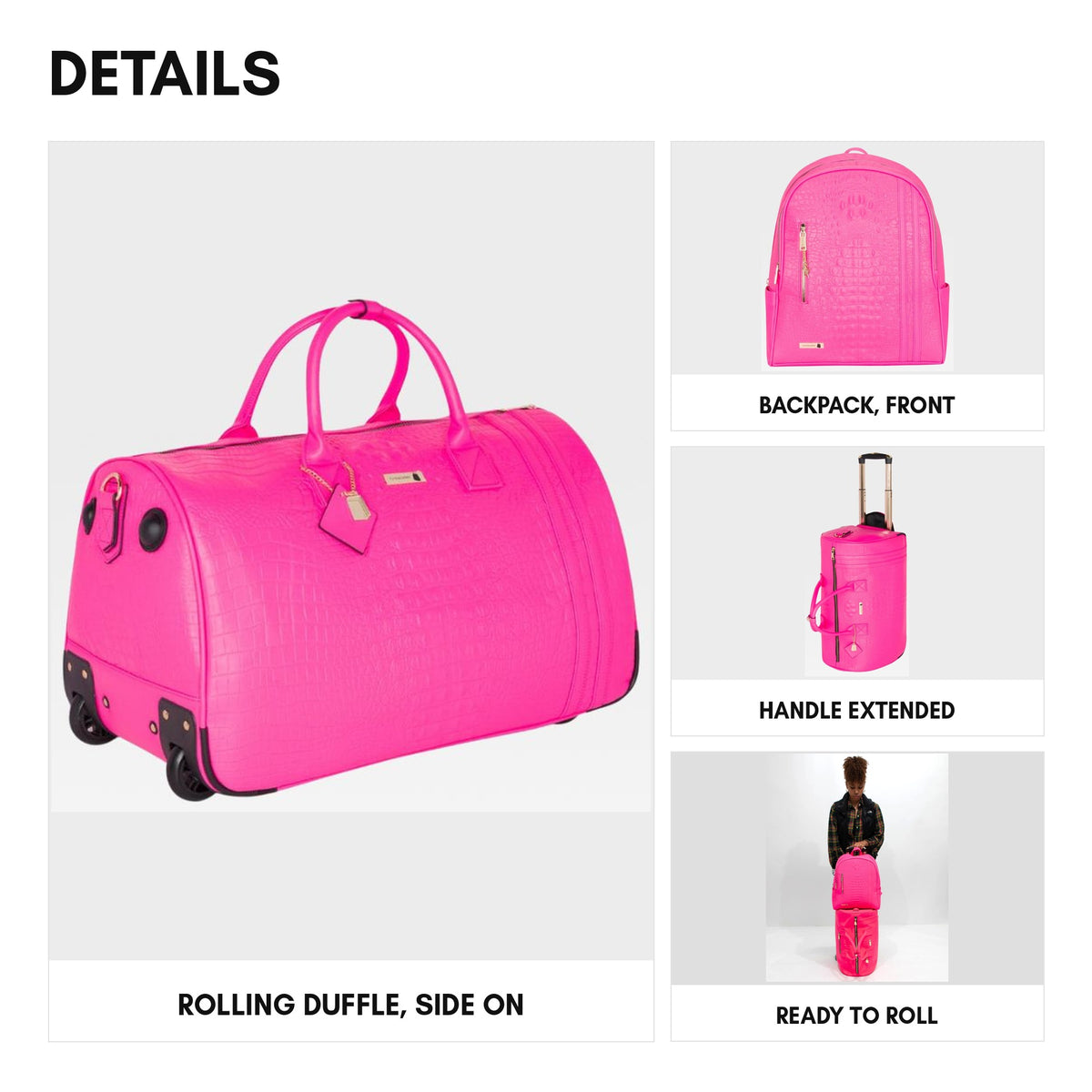 Classic Traveler Rolling Duffle Set in Neon Pink - details