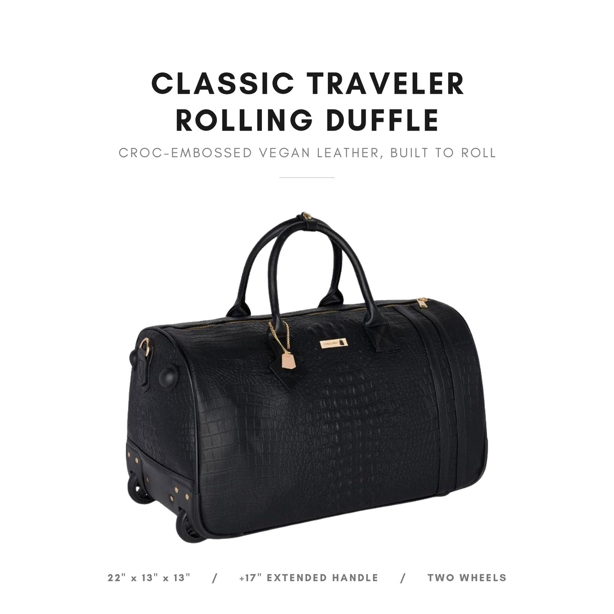 Classic Traveler Rolling Duffle in Black - croc-embossed vegan leather rolling duffle, 22 x 13 x 13 inches