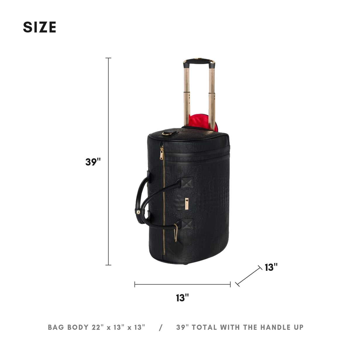 Classic Traveler Rolling Duffle in Black - size guide: 22 x 13 x 13 inch body, 39 inches total with the handle extended