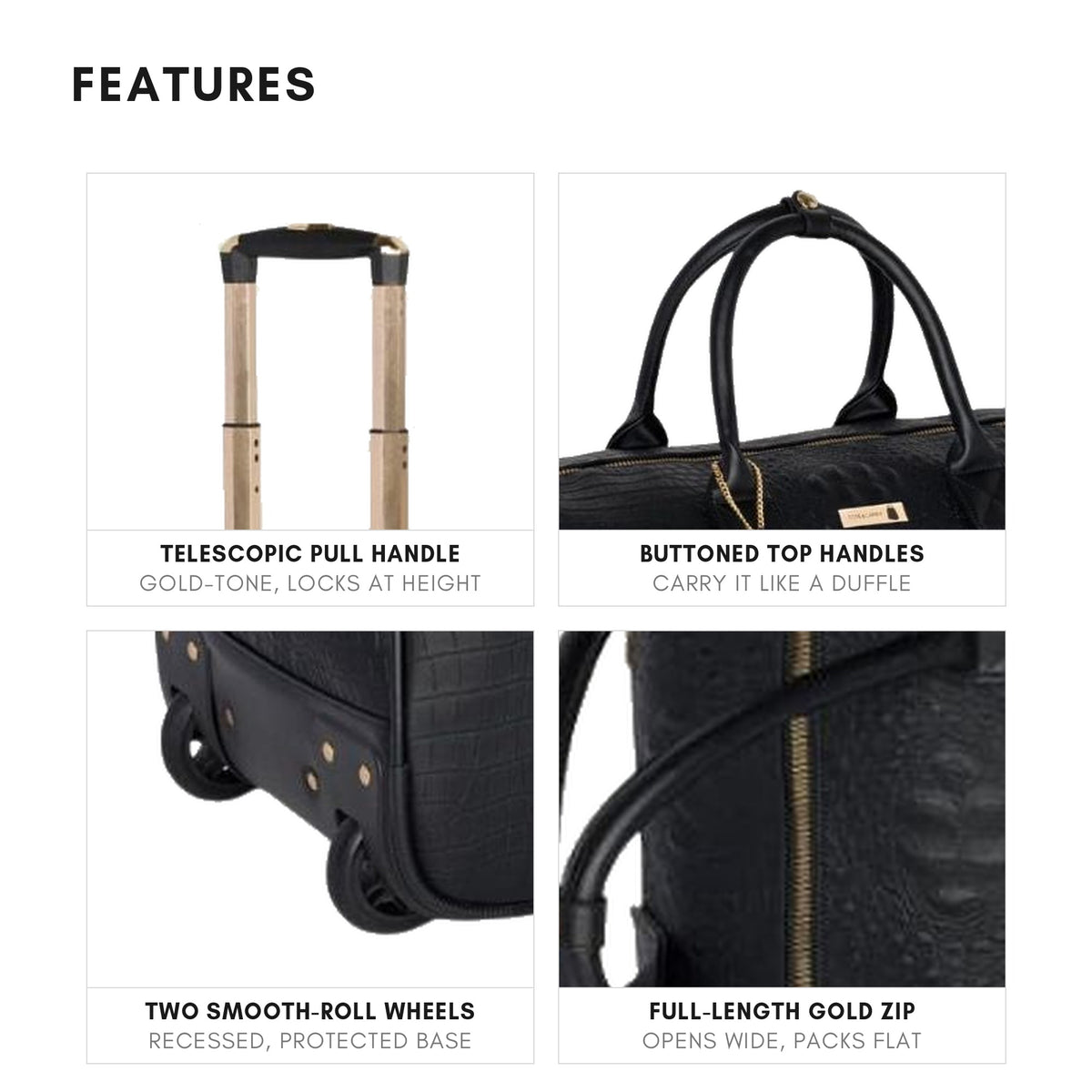 Classic Traveler Rolling Duffle in Black - features: telescopic pull handle, buttoned top handles, two smooth-roll wheels, full-length gold zip