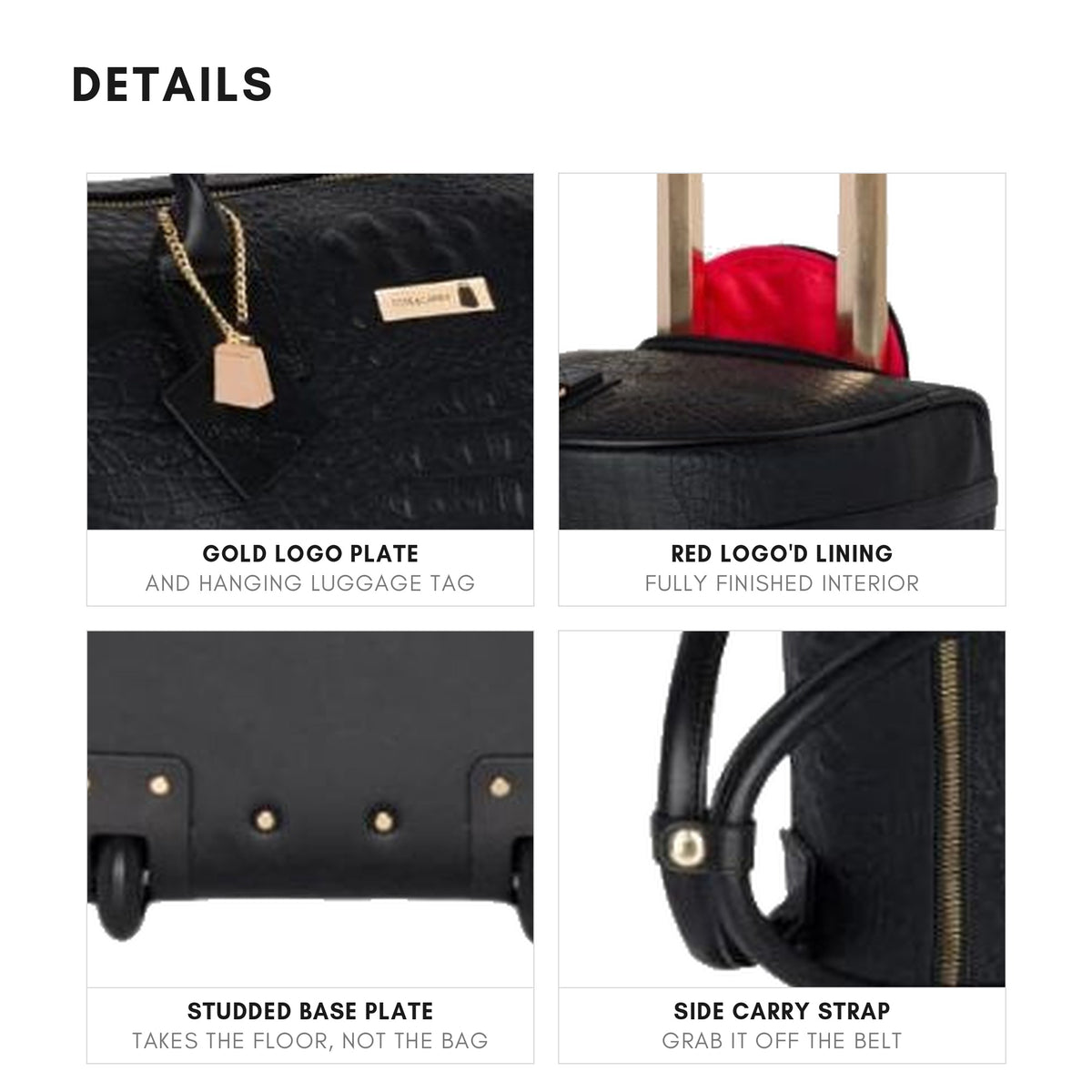 Classic Traveler Rolling Duffle in Black - details: gold logo plate and luggage tag, red logo lining, studded base plate, side carry strap