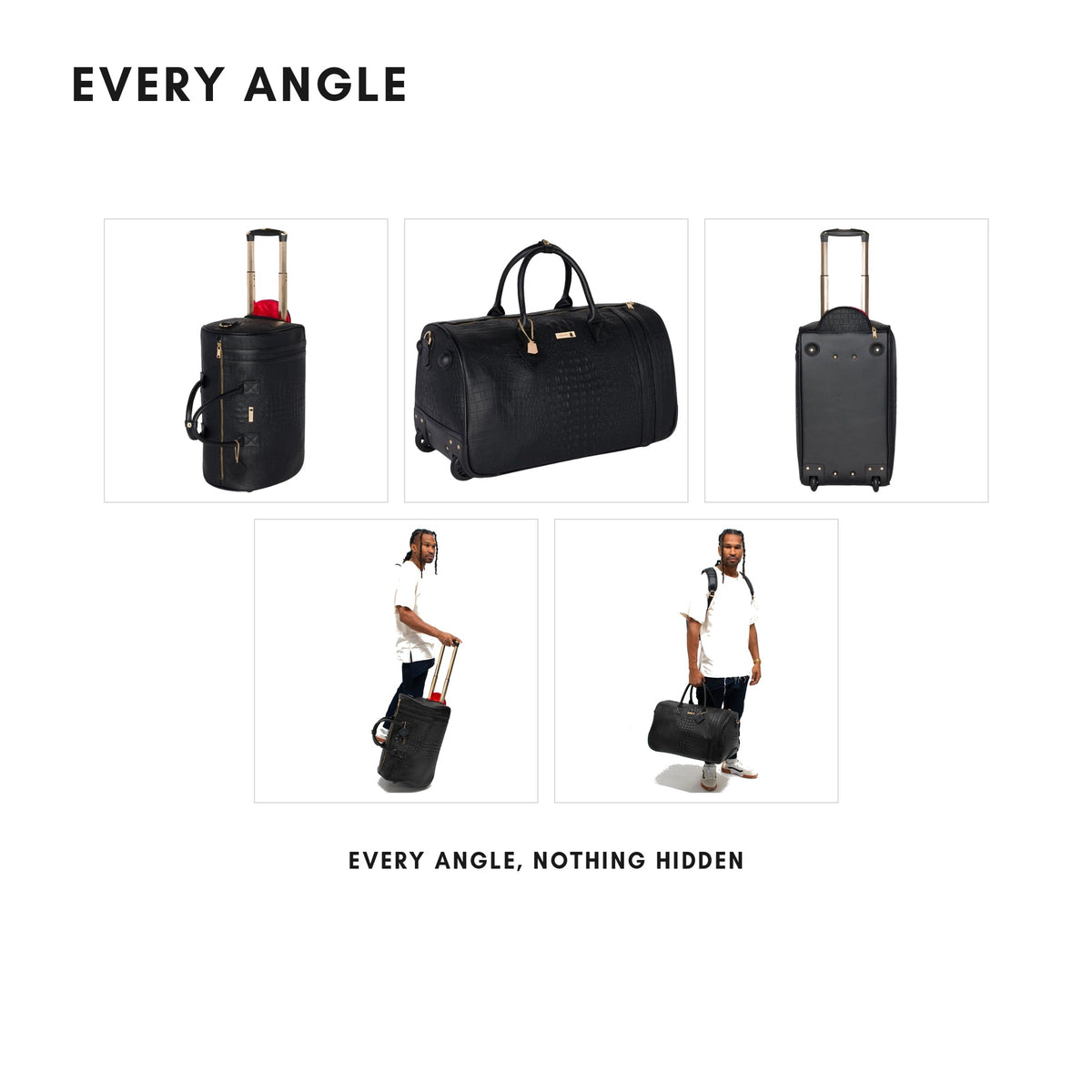 Classic Traveler Rolling Duffle in Black - every angle: front, side, back and worn on-model