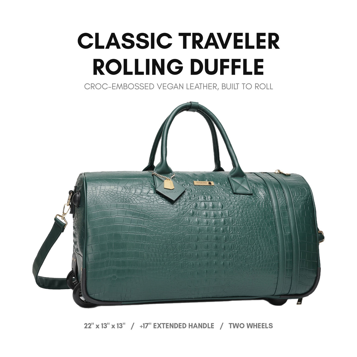 Classic Traveler Rolling Duffle in Emerald Green - deep crocodile emboss on premium vegan leather, gold-tone hardware, orange logo lining