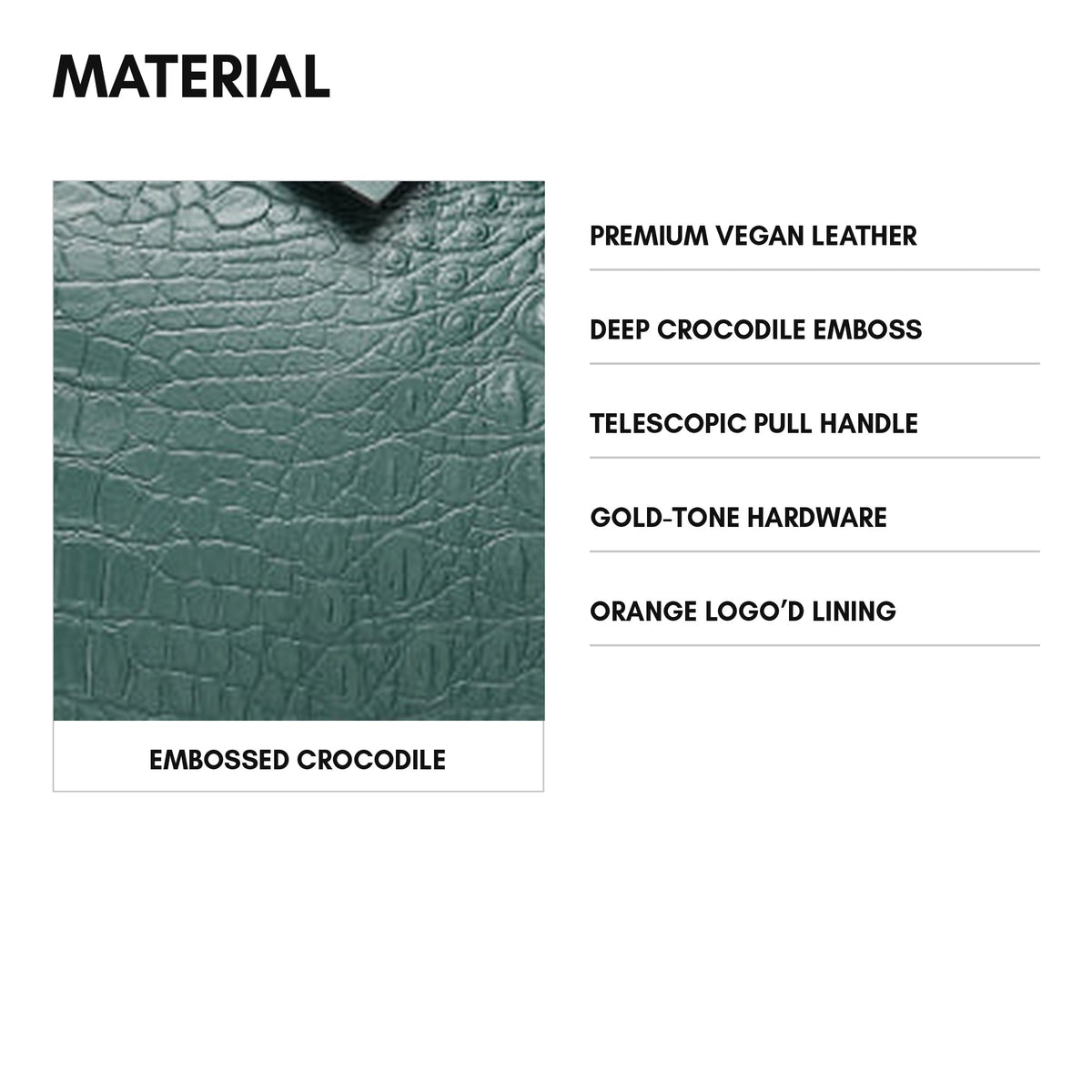 Classic Traveler Rolling Duffle in Emerald Green - material: deep crocodile emboss on premium vegan leather, gold-tone hardware, orange logo lining