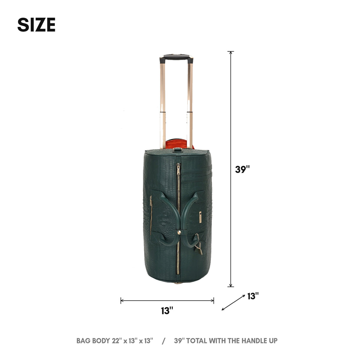 Classic Traveler Rolling Duffle in Emerald Green - size guide, 22 x 13 x 13 inch body, 39 inches total with the handle extended