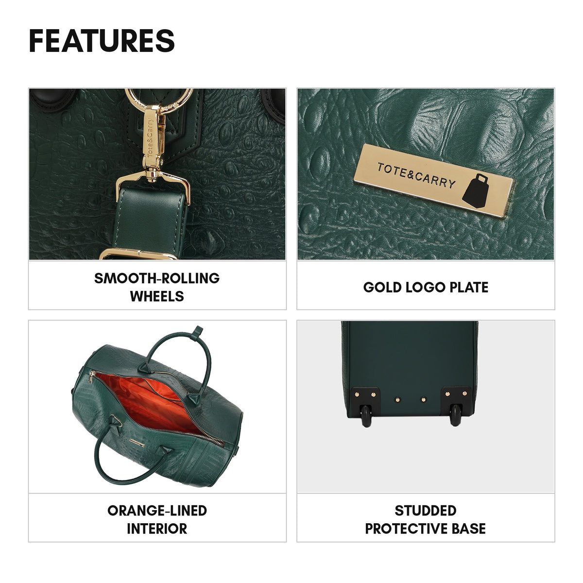 Classic Traveler Rolling Duffle in Emerald Green - features: smooth-rolling wheels, gold logo plate, orange-lined interior and a studded protective base