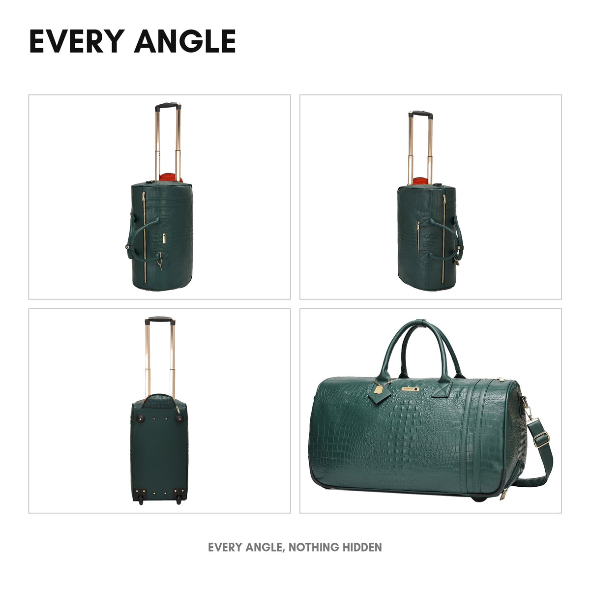 Classic Traveler Rolling Duffle in Emerald Green - every angle: front, side, back and top-down