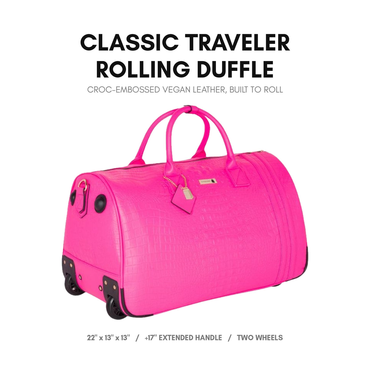 Classic Traveler Rolling Duffle in Neon Pink - deep crocodile emboss on premium vegan leather