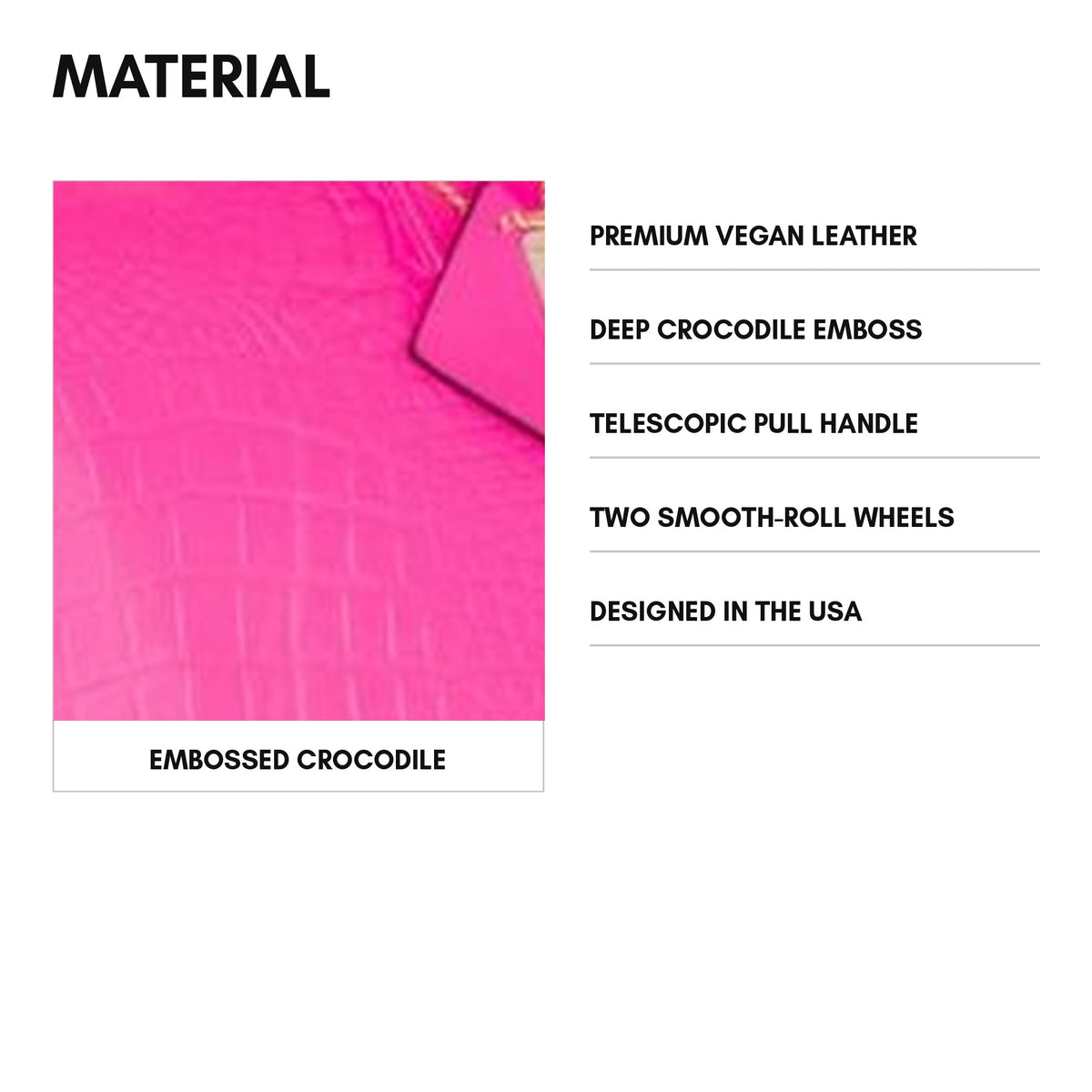 Classic Traveler Rolling Duffle in Neon Pink - material: deep crocodile emboss on premium vegan leather