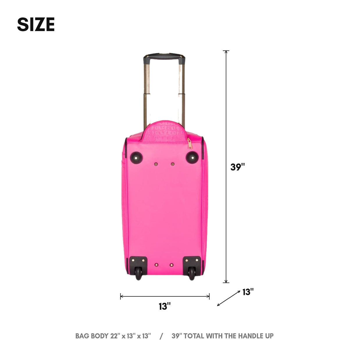 Classic Traveler Rolling Duffle in Neon Pink - size guide, 22 x 13 x 13 inch body, 39 inches total with the handle extended