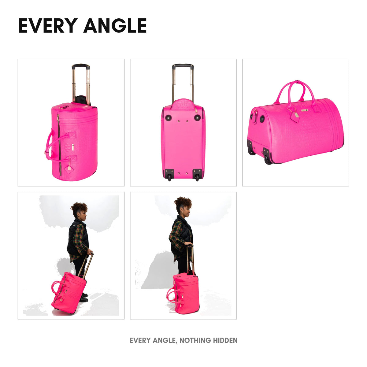 Classic Traveler Rolling Duffle in Neon Pink - every angle: front, side, back and top-down