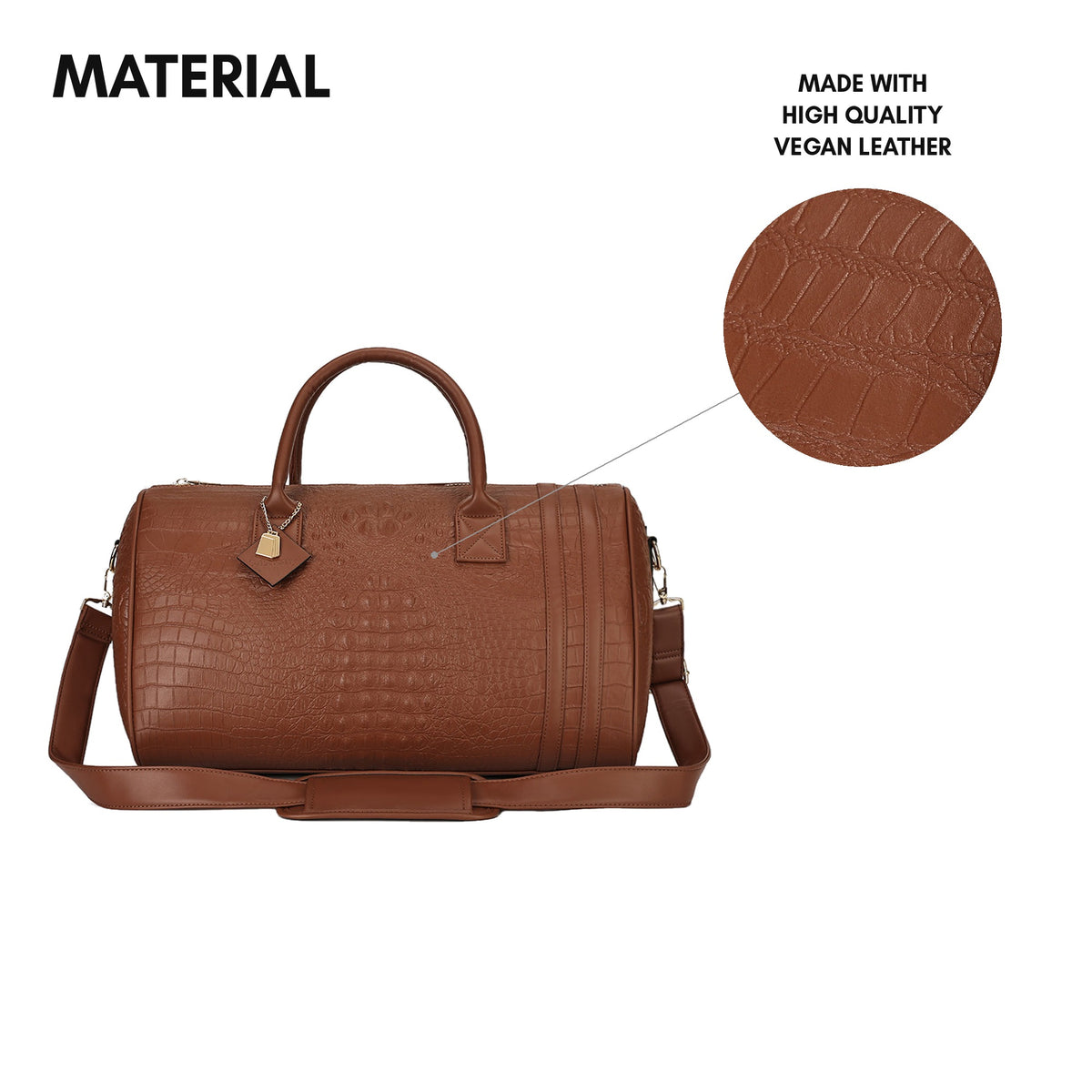 Classic Weekender Duffle Bag in Caramel - material: croc-embossed high quality vegan leather