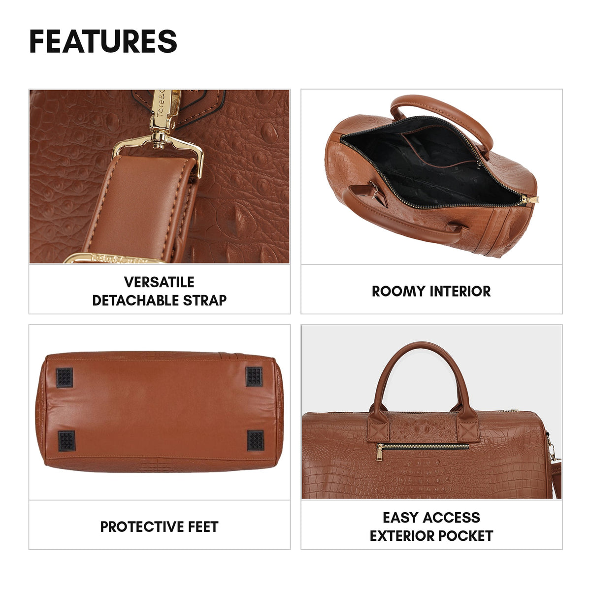 Classic Weekender Duffle Bag in Caramel - features: detachable strap, roomy interior, protective feet and an easy-access exterior pocket