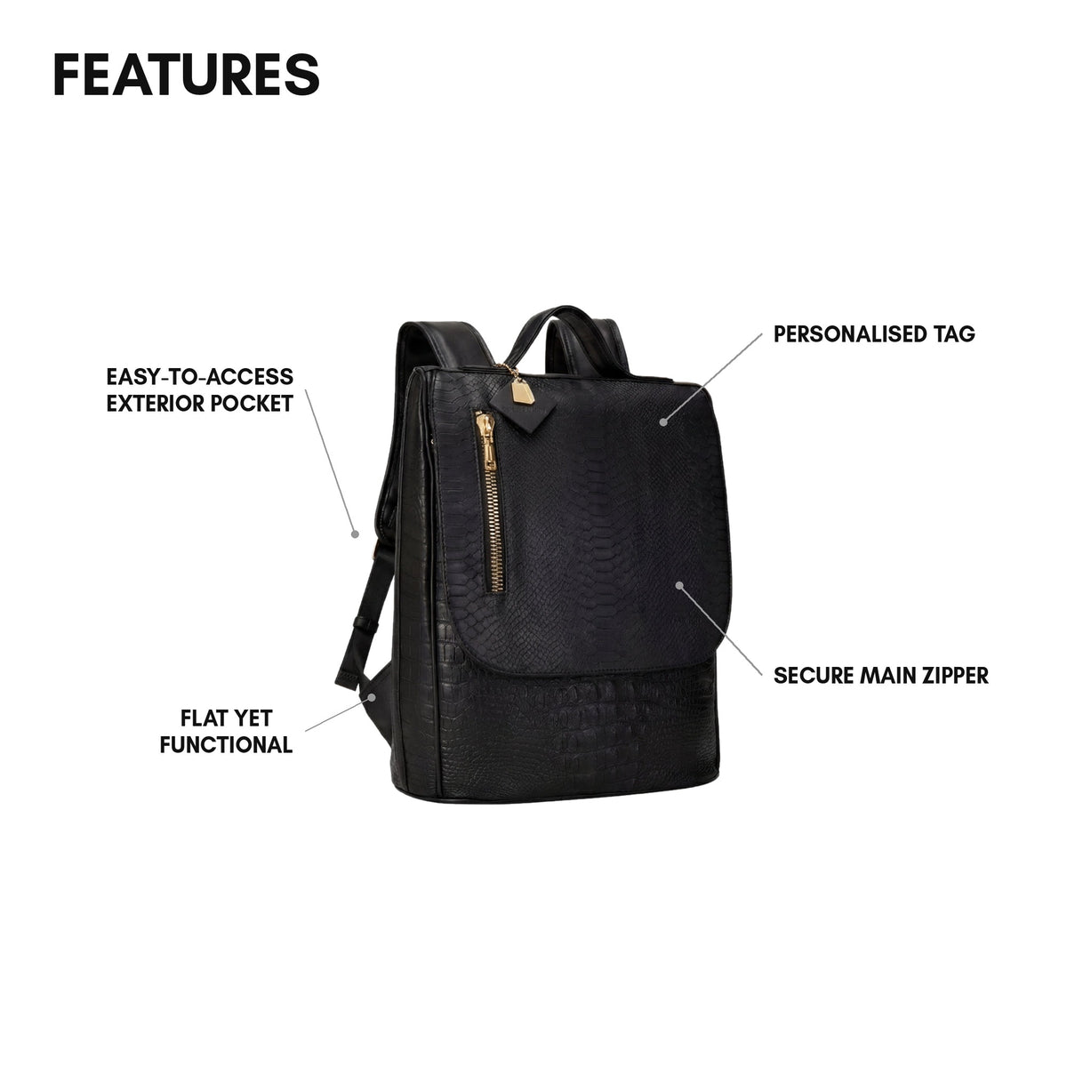 Classic Weekender Backpack in Black - features: easy-to-access exterior pocket, flat yet functional, personalised tag, secure main zipper