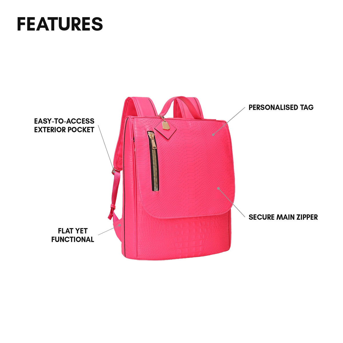 Classic Weekender Backpack in Neon Pink - features: easy-to-access exterior pocket, flat yet functional, personalised tag, secure main zipper