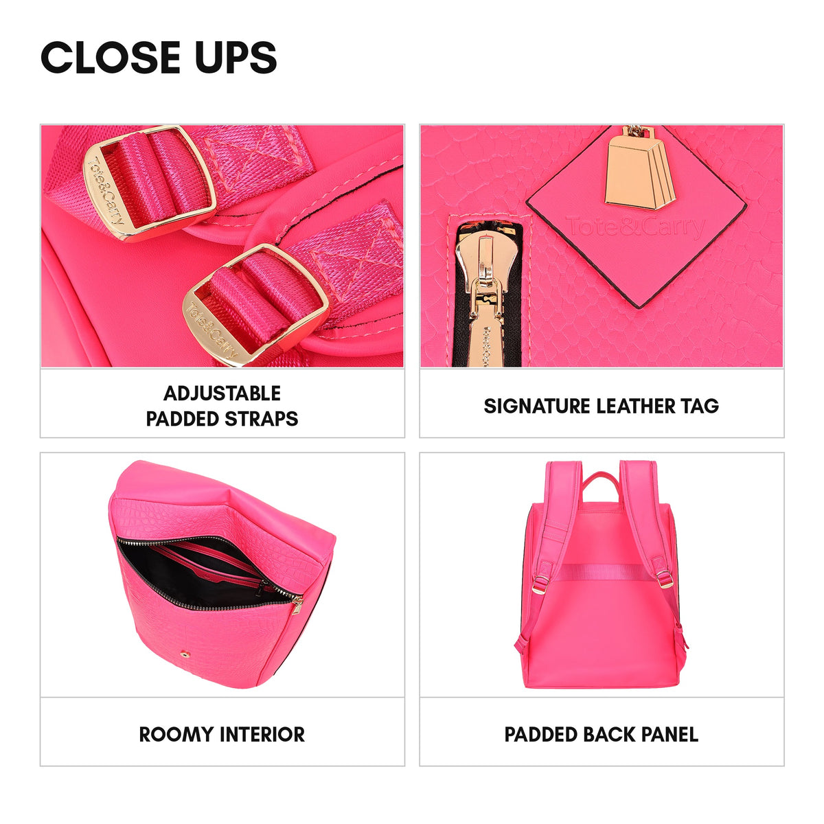 Classic Weekender Backpack in Neon Pink - close ups: adjustable padded straps, signature leather tag, roomy interior, padded back panel