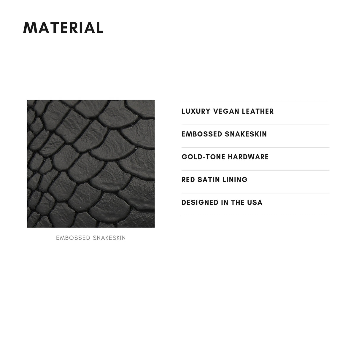 Tote&Carry Signature Commuter Backpack in Black — material, luxury vegan leather with embossed snakeskin and gold-tone hardware