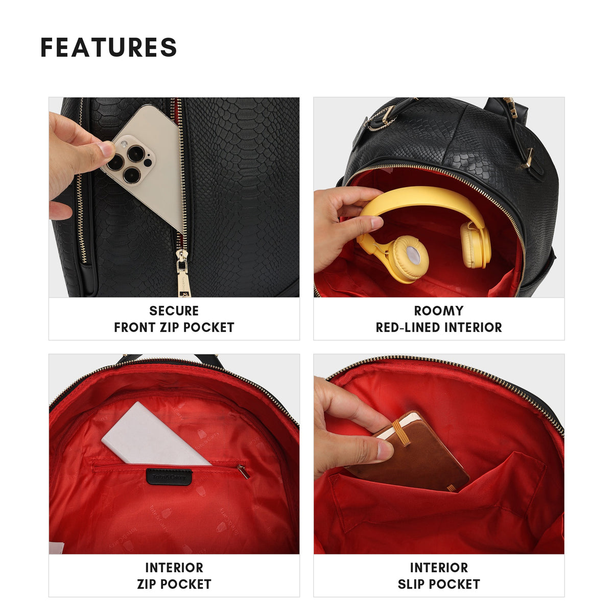 Tote&Carry Signature Commuter Backpack in Black — features, front zip pocket, red-lined interior, interior zip and slip pockets