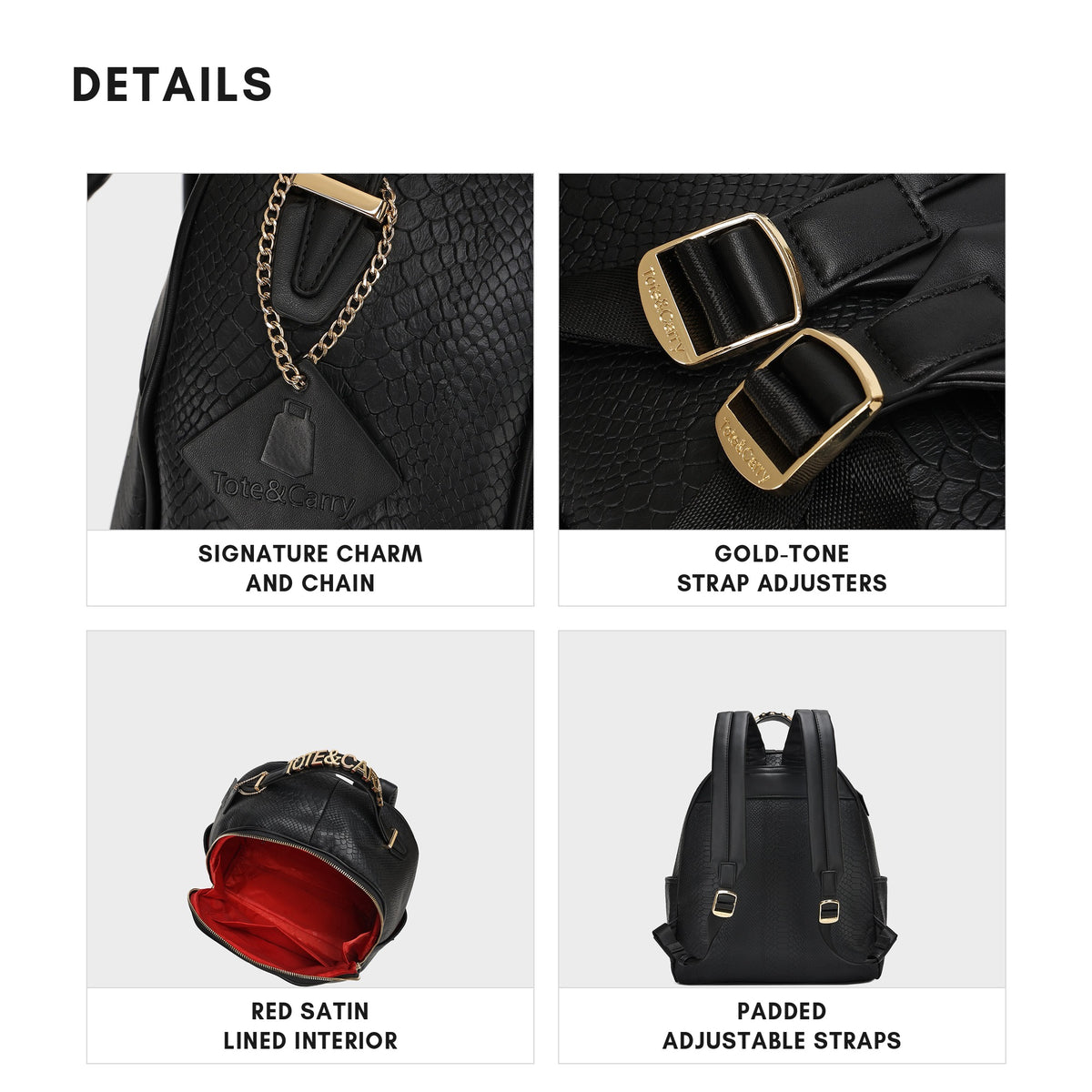 Tote&Carry Signature Commuter Backpack in Black — details, signature charm and chain, gold-tone strap adjusters, padded straps