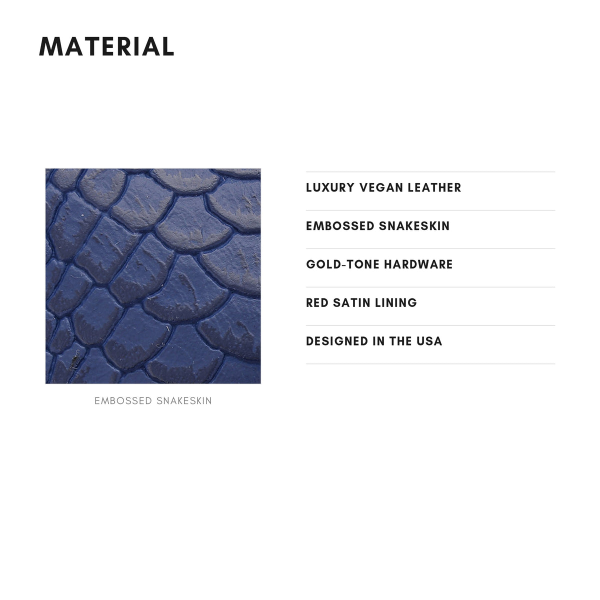 Tote&Carry Signature Commuter Backpack in Royal Blue — material, luxury vegan leather with embossed snakeskin and gold-tone hardware