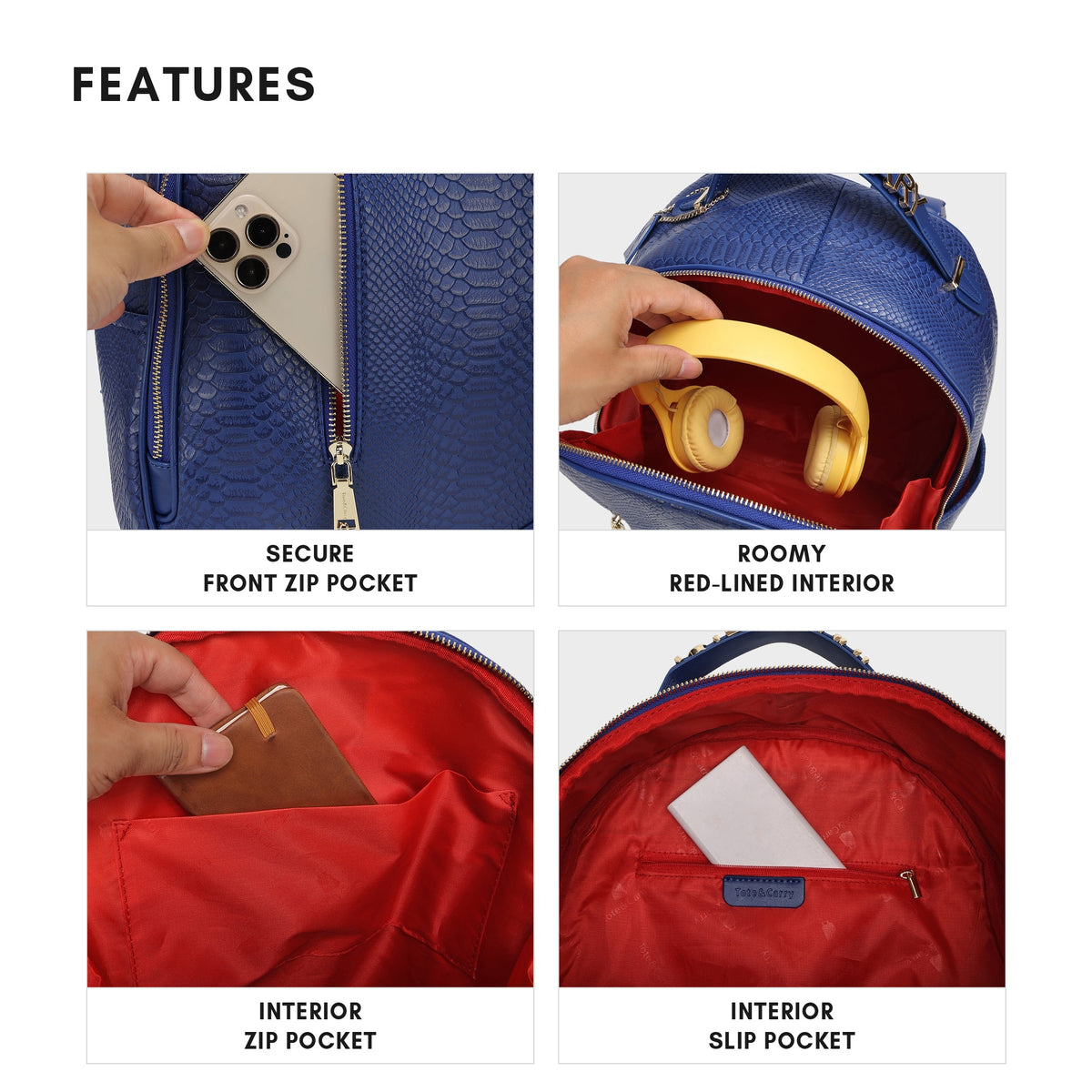 Tote&Carry Signature Commuter Backpack in Royal Blue — features, front zip pocket, red-lined interior, interior zip and slip pockets