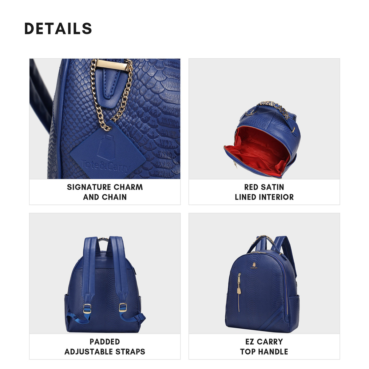 Tote&Carry Signature Commuter Backpack in Royal Blue — details, signature charm and chain, red satin lining, padded straps, EZ carry handle