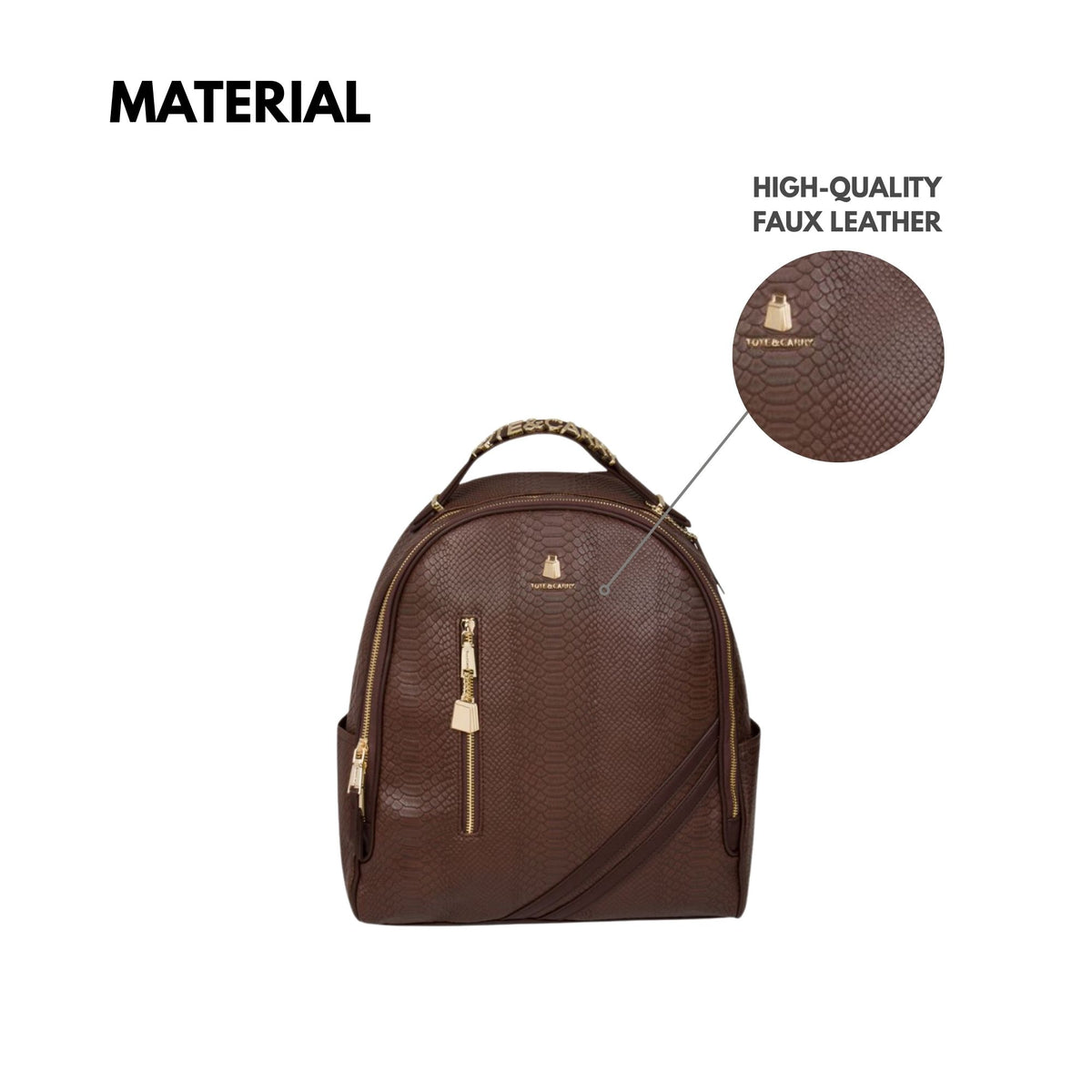 Tote&Carry Signature Commuter Backpack in Chocolate — high-quality faux leather material detail