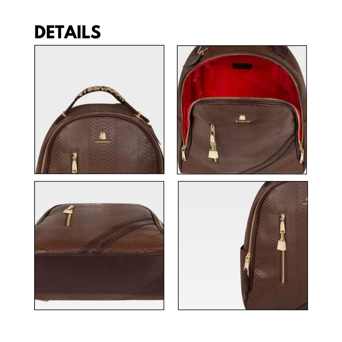 Tote&Carry Signature Commuter Backpack in Chocolate — close up details, zipper, interior lining and panels
