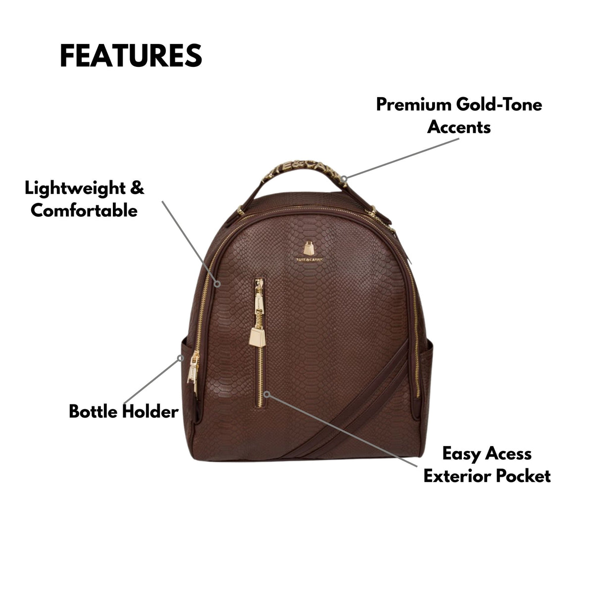 Tote&Carry Signature Commuter Backpack in Chocolate — features, premium gold-tone accents, bottle holder and easy-access exterior pocket