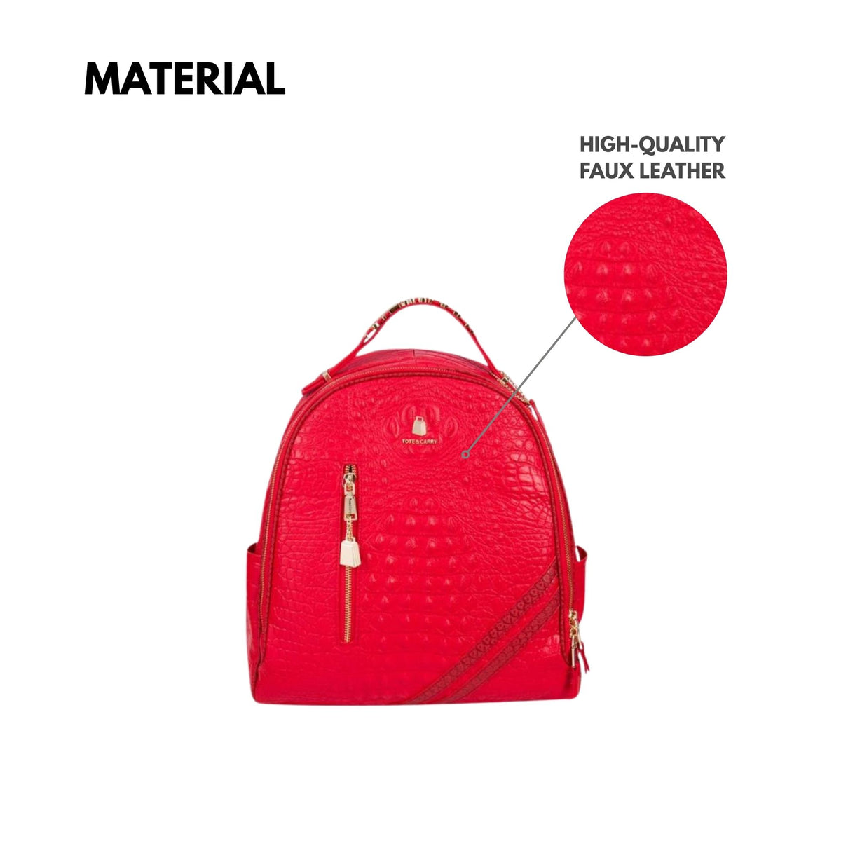 Tote&Carry Statement Commuter Backpack in Red — high-quality faux leather material detail