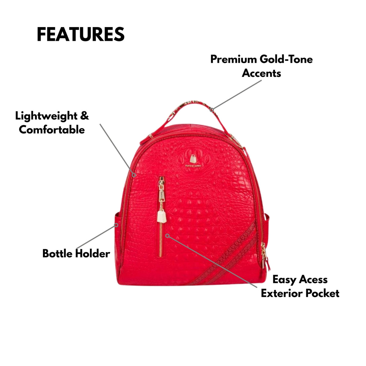 Tote&Carry Statement Commuter Backpack in Red — features, premium gold-tone accents, bottle holder and easy-access exterior pocket